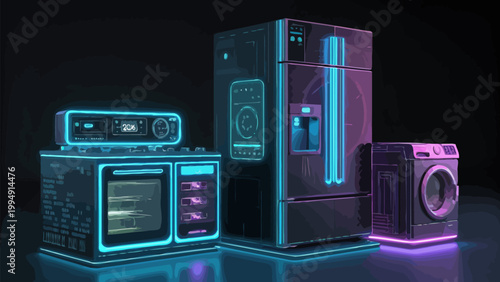 Futuristic smart home appliances set with glowing neon lights, including a modern refrigerator, oven range, and washing machine in a dark room