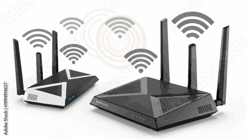 Two modern wireless routers with antennas and wifi signal icons