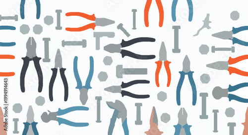 Seamless pliers and bolt pattern flat design with hand tools hardware vector illustration