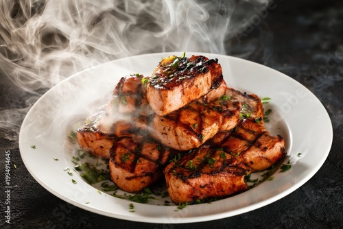Grilled Salmon Steaks on a Plate With Steam Rising in a Kitchen Setting