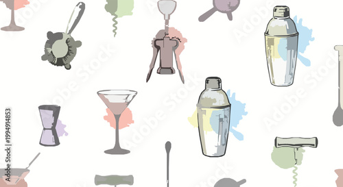Seamless cocktail pattern with bar tools and watercolor splashes hand drawn vector illustration