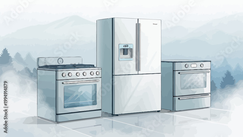 Kitchen appliances set including a gas stove, a refrigerator with ice dispenser, and an oven, illustrated in a modern minimalist style