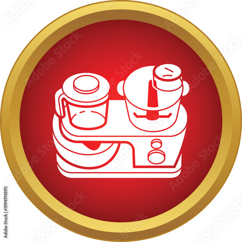 Food processor appliance preparing meal in a red gold button