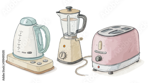 Set of vintage kitchen appliances including an electric kettle, a blender, and a toaster