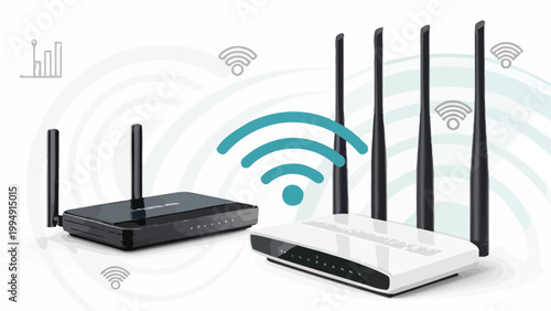 Two modern wireless routers with antennas