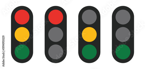Traffic light icon set, traffic signal signs for street regulation system, urban road safety symbols for city transportation control isolated design.