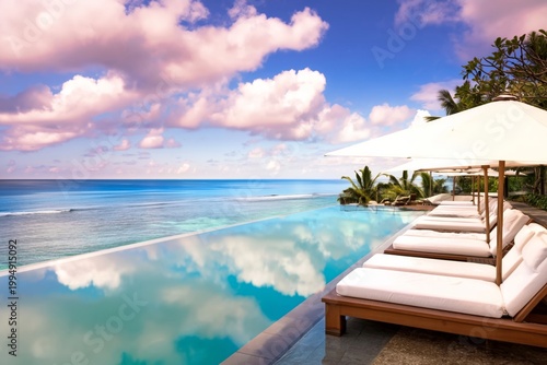 Relaxation at a Tropical Poolside With Umbrellas on a Sunny Day in the Maldives