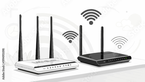 Two wireless internet routers with antennas on a table