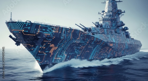 Futuristic warship with circuit board skin
