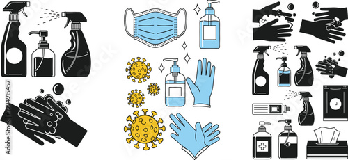 Hygiene and Disinfection Illustration Set Featuring Hand Washing, Sanitizer, Gloves, Face Mask, Cleaning Spray, and Virus Icons for Healthcare and Safety Awareness Design