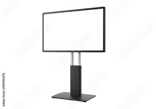 Modern flat screen television display mounted on a sturdy black height adjustable metal floor stand PNG isolated on transparent