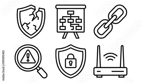 Professional cyber security and network management thin line icon collection with security management wireless protection