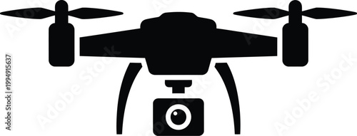 Drone silhouette displays a sleek quadcopter design equipped with a camera for aerial photography and professional surveillance.