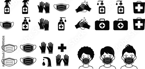 Hygiene and Medical Protection Icon Set Featuring Masks, Gloves, Sanitizer, Hand Washing, and First Aid Symbols in Solid and Outline Styles for Health Safety Design