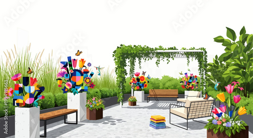 Vibrant outdoor patio garden with colorful flowers and furniture
