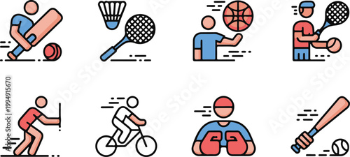 Flat Line Sports Icons Set – Baseball, Tennis, Basketball, Cycling, Boxing Vector Illustration Collection
