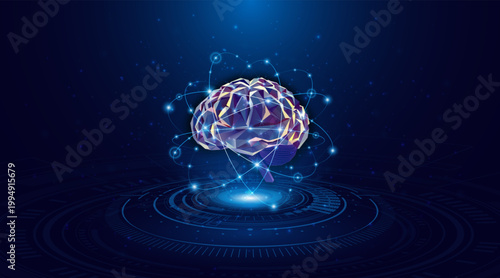 WebA low-poly, glowing human brain image with digital network nodes and a HUD interface on a blue background. Concepts related to artificial intelligence and machine learning, or orbital data connecti