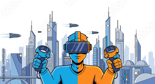 Person wearing VR headset in futuristic cityscape with technology