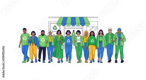 Diverse group of people in green and blue outfits standing together