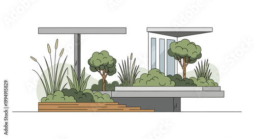 modern garden design with trees and plants