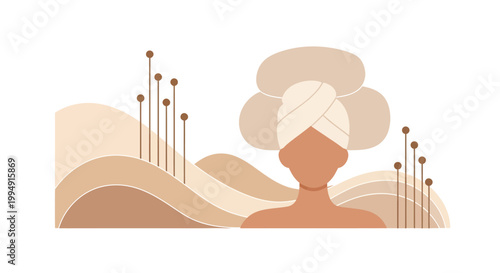 woman with towel on head and flowers in hair minimalist illustration