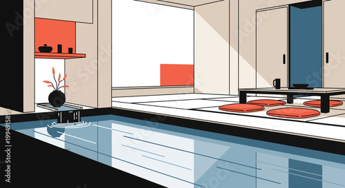 Modern minimalist Japanese interior design with tatami mat and pool