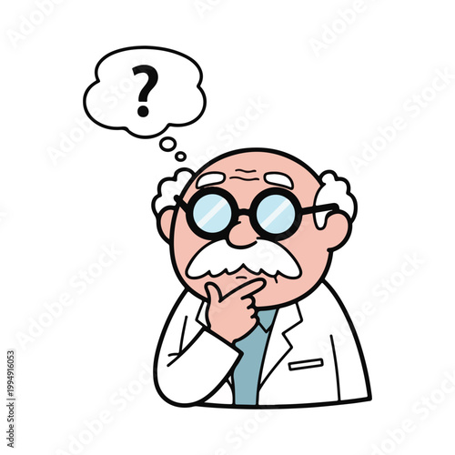 Elderly Cartoon Scientist Thinking with Question Mark Bubble