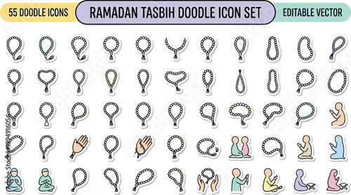 Ramadan tasbih doodle icon set with prayer beads Muslim worship dhikr Islamic spirituality editable vector religious collection