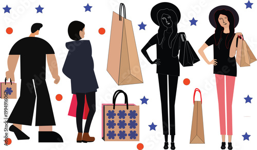 Silhouette illustration of fashionable women shopping in a clothing store with bags and stylish outfits