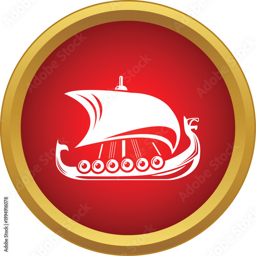 Viking drakkar ship with a sail and shield row on red background