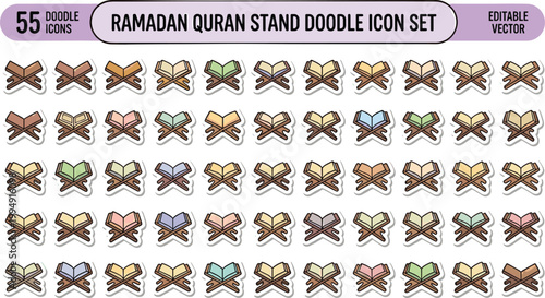 Ramadan Quran stand doodle icon set with wooden rehal holy book holder Islamic religious editable vector collection