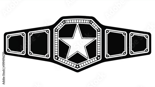 A black and white illustration featuring a championship belt with a star