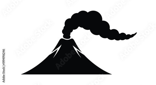 A minimalist black silhouette depicts a volcanic eruption showcasing smoke billowing from a conical mountain high quality professional