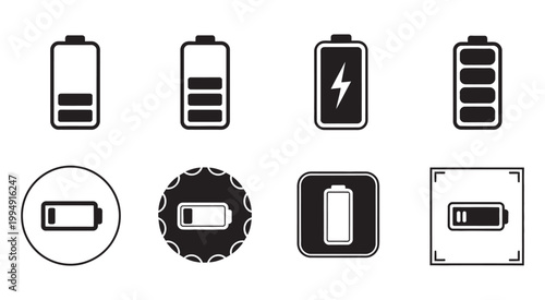 Battery charge level icons, monochrome charging indicator set in multiple styles, isolated white background, energy status symbol vector design