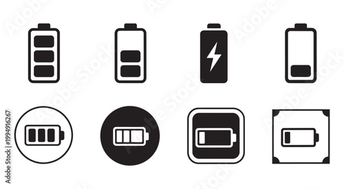Battery charge level icon set, monochromatic charging indicator symbols in various styles, isolated on white background, vector illustration