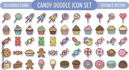 Candy doodle icon set with sweets cupcakes lollipops cookies donuts ice cream desserts colorful cute editable vector sticker collection