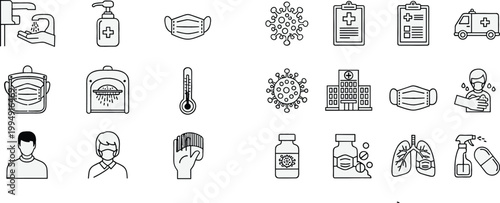 Medical and Healthcare Line Icon Set Featuring Mask, Virus, Thermometer, Ambulance, Hospital, Sanitizer, and Patient Symbols for Health, Safety, and Clinic Design