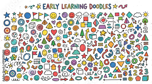Early learning doodle icon set with shapes arrows math symbols numbers preschool education elements colorful kids study vector collection