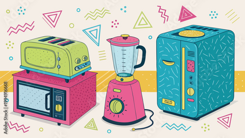 Retro 90s kitchen appliances set with toaster, microwave, and blender in memphis design style