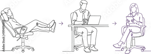 Office Work Posture Illustration Set Showing Relaxed, Working, and Reading Positions on Chair and Desk in Line Style for Ergonomics and Workplace Design