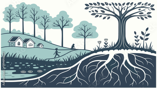 Rural landscape with house and large tree showing underground roots system in detailed cross section illustration style