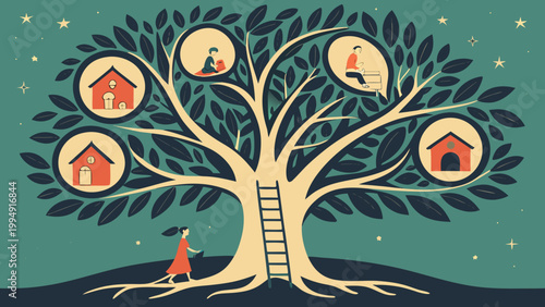 Tree with branching paths leading to small houses symbolizing life choices growth and personal journey in whimsical illustration style