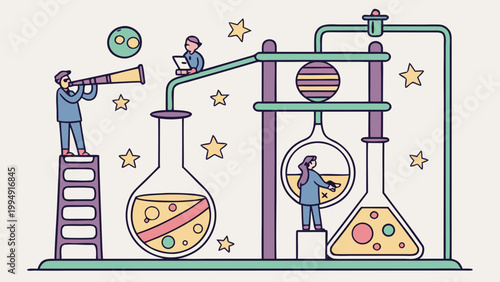 Teamwork in laboratory with scientists conducting experiments using glass flasks and tubes in creative science illustration style