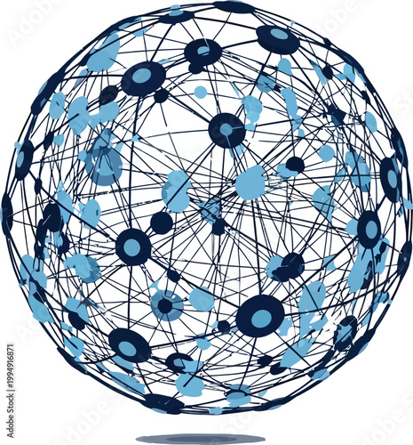 Globe network structure features interconnected blue nodes and dark lines representing a global communication data system.