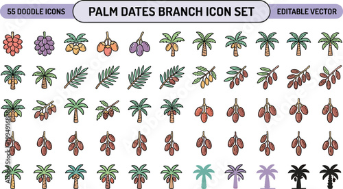 Palm dates branch doodle icon set with date fruit palm tree leaves botanical editable vector tropical collection