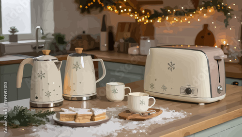 Cozy christmas kitchen scene with a vintagestyle kettle, toaster, and mugs decorated with snowflake patterns and festive holiday cookies