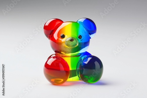 Colorful Bear Figure Made of Clear Material on a Plain Background