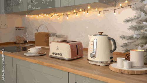 Cozy kitchen counter with a vintagestyle toaster and electric kettle decorated with warm fairy lights and a small christmas tree for a festive mood