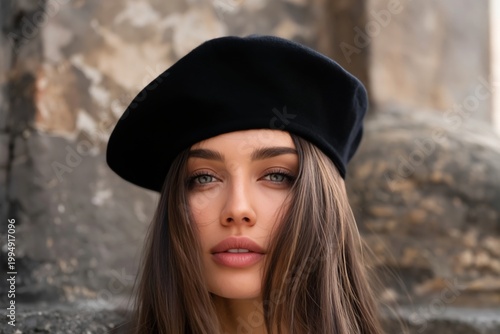Woman Wearing a Black Hat Poses Outdoors With a Stone Background During Daylight