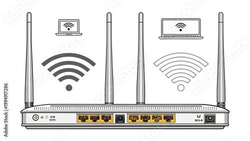 Wireless router with four antennas and laptop icons representing internet connectivity